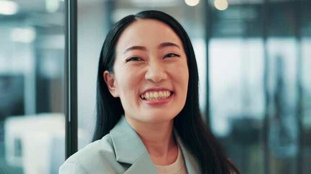 Office, ambitious and woman with smile, face and happy for promotion, publicist and morning. Laughing, proud and Asian person in agency, public relations and confident with career growth in Japan