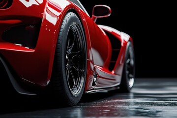 A sleek, red sports car glows under the spotlight on a black background, exuding a sense of luxury and newness.