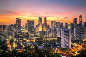 Obraz premium City skyline illuminated by sunset light in Singapore