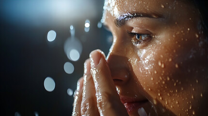 Banner of a woman experiencing raindrops on her face during a profound moment of clarity with evening light.
