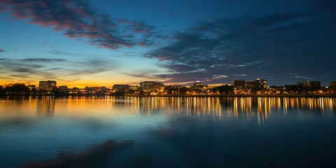 An evening view of Washington, DC with the Potomac River reflecting the skyline and evening lights.