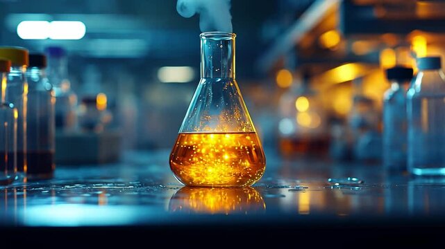 A flask contains a vibrant orange liquid emitting steam, positioned on a laboratory counter surrounded by various glassware while research is ongoing.