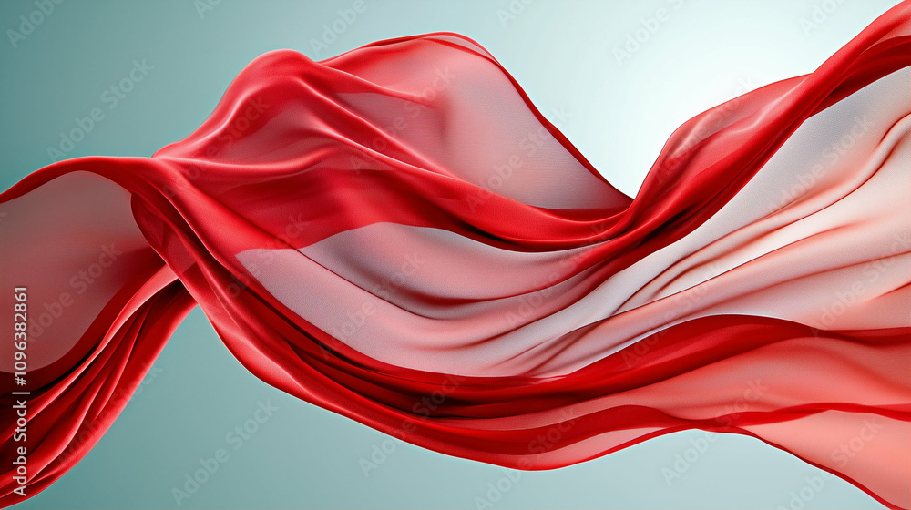 Poster fabric wavy texture red fabric flowing in elegant movement soft light backdrop
