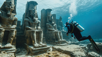 Ancient temple underwater in sea, diver swims past old Egyptian statues in water. Theme of Egypt, adventure, antique, archeology, discovery