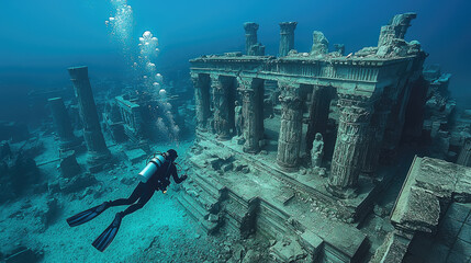 Ancient Egyptian temple underwater in sea, diver swims past old historic ruins in water. Theme of Egypt, antique, archeology, discovery