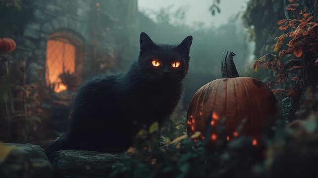 Creepy Black Cat with Glowing Eyes Near Pumpkin