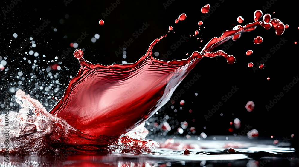 Poster wine splash in motion creating dynamic red liquid patterns and droplets