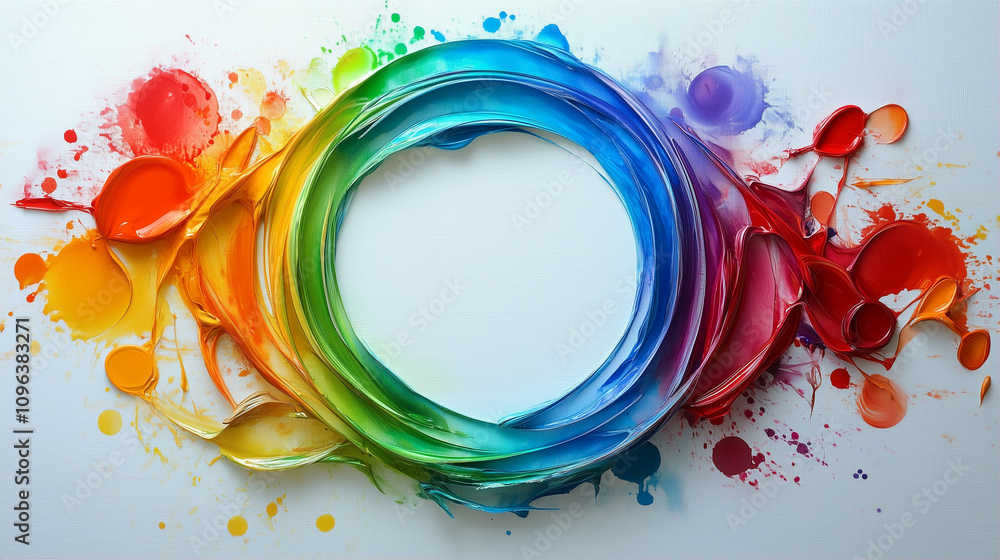 Poster paint splashes in vibrant colors creating a circular pattern on a blank canvas with watercolor effec
