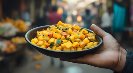 Holding a bowl of delicious papaya and mango salad in hand, looks very beautiful and tempting. Free food distribution, charity idea and humanitarian efforts to eradicate hunger.