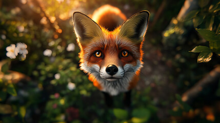 Banner of Adorable Fox Cub Surrounded by Lush Forest Foliage and Illuminated by Warm Sunlight Intriguing Gaze