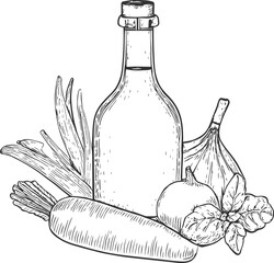 Oil Bottle, Hand-Drawn Vector, Graphic Style, Cartoon Illustration, Black and White, Sketch Style