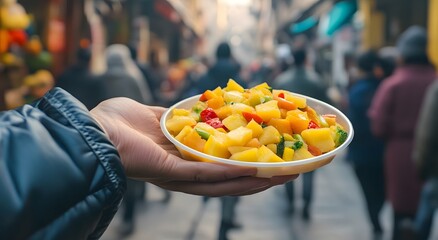 Holding a bowl of delicious papaya and mango salad in hand, looks very beautiful and tempting. Free food distribution, charity idea and humanitarian efforts to eradicate hunger.