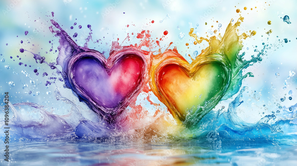 Poster colorful hearts with water splash in vibrant background creating a joyful and dynamic image