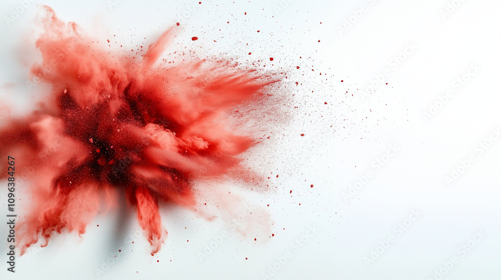 Poster powder explosion with red dust cloud burst showing dynamic motion in a clean background