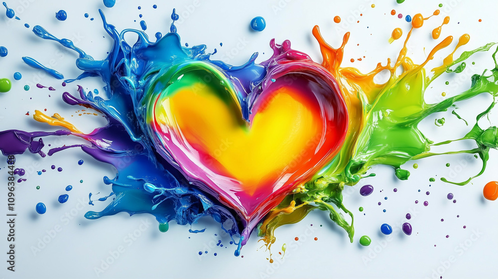 Poster paint color splash in vibrant heart shape abstract art design with colorful drips and artistic creat