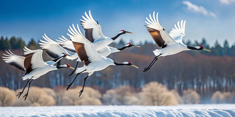 Fototapeta premium A group of Japanese cranes gracefully lifts off from a snowy landscape, their wings spread wide against a backdrop of blue skies and distant trees during winter
