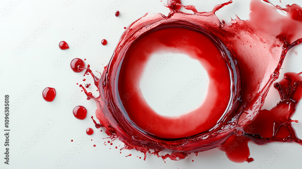 Poster wine splash creating a circular pattern with red droplets on a white background