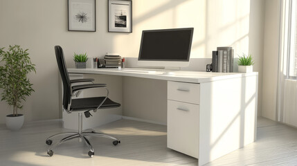 
A comfortable workplace with a white desk near a wall typically emphasizes a clean, minimalist aesthetic, ideal for fostering focus and productivity