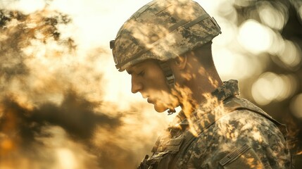 Male soldier in uniform contemplating his mental health struggles, reflecting sadness and stress, with a blurred background emphasizing the impact of PTSD.