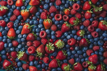 A close-up image showcasing a variety of fresh berries, including strawberries, blueberries, blackberries, and raspberries. Neural network ai generated art