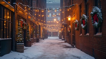 Fototapeta premium Empty City Alley Snow Wreaths