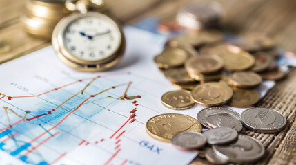 Vintage pocket watch on weathered wooden table with old coins and crumpled paper showing rising graph, symbolizing cost inflation and historical value.