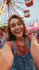 Obraz premium Young woman in brown hair smiles in front of a lit carnival with Ferris wheel. Festive atmosphere with people enjoying rides in the background.
