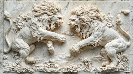 Intricate Marble Carving Depicting Two Lions in Combat