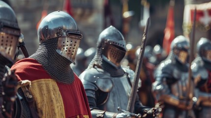 Image shows armored knights in formation with chain mail, swords, and shields. A red-armored knight stands out. Background features blue and white figures. Shields have square patterns.