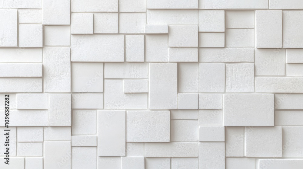 Poster an abstract white wall texture made of various rectangular tiles, creating a modern and clean aesthe