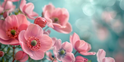 Pink Flowers in Soft Focus with a Teal Background