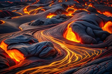 Flowing lava river close-up with striking lava texture