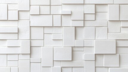 An abstract white wall texture made of various rectangular tiles, creating a modern and clean aesthetic perfect for interior design.