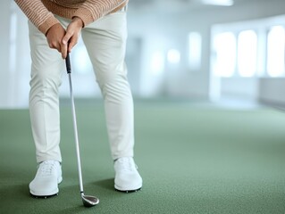 An individual practicing golf indoors, focusing on their putting technique on a well-maintained green surface.