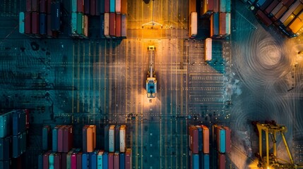 Obraz premium Aerial view of a lit shipping yard at night with stacked containers, cranes, forklift, and a yellow car. Industrial atmosphere with vibrant glow.