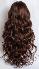 Naklejka premium Elegant brown wavy wig with central parting on white background. Flowing hair exudes natural beauty and elegance, reaching image edge.