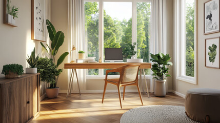 A modern home office with a minimalist design, featuring a sleek wooden desk adorned with decorative items and a comfortable chair.