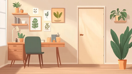 A modern home office with a minimalist design, featuring a sleek wooden desk adorned with decorative items and a comfortable chair.