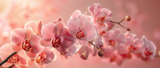 Close-up of pink orchids outdoors, illuminated by sunlight, some in bloom, others in buds. Softly blurred pink and cream background with hint of another branch.