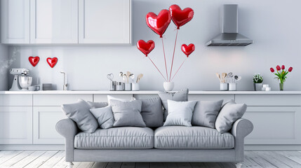Interior of a kitchen with a grey sofa, heart-shaped balloons, and hearts, creating a festive environment for a Valentine's Day celebration.