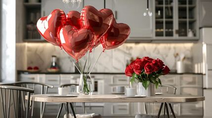 Interior of a light-filled kitchen with heart-shaped balloons and a bouquet of roses on the dining table, setting the mood for a romantic Valentine's Day celebration.