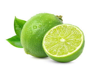 Natural fresh lime with cut in half and water droplets  isolated on white background. Clipping path.