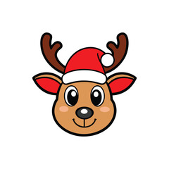 Cute Reindeer Head with Santa hat Vector Festive Cartoon Illustration for Holiday Themes
