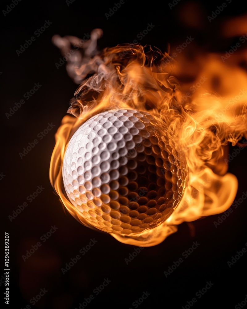 Poster a golf ball encircled by vibrant flames, creating a dynamic contrast between the textured surface an