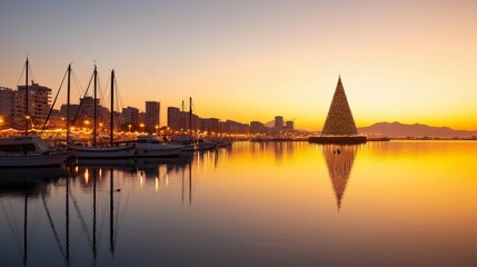 Naklejka premium Festive Waterfront Promenade City Lights Reflection