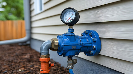 Blue Pressure Regulator Meter Installed on House Exterior, Measuring Utility