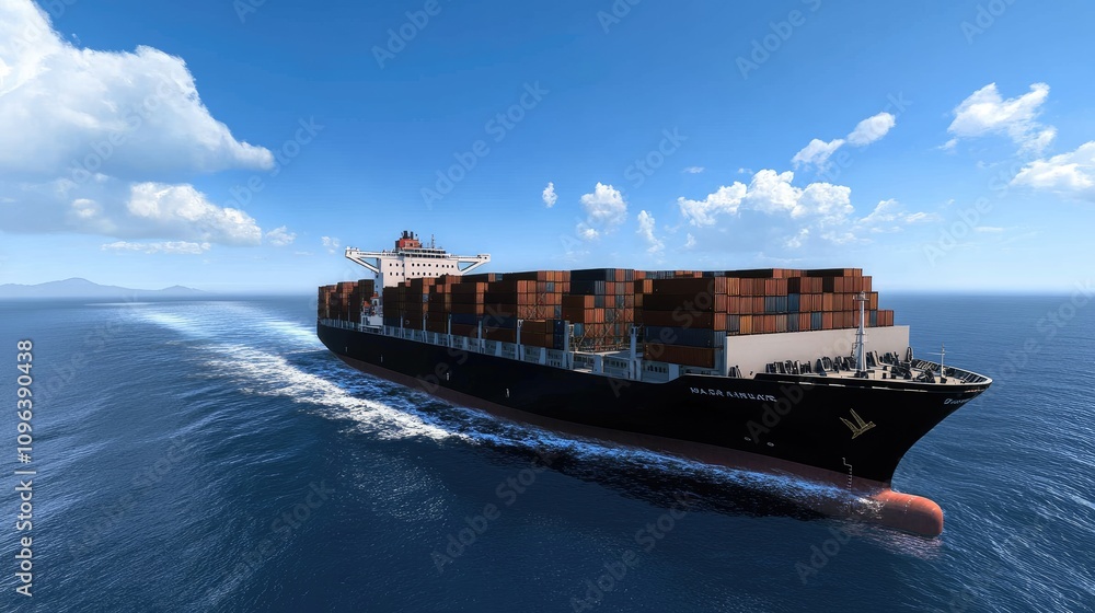 Poster an aerial view captures a container ship laden with cargo navigating the open sea, showcasing the sc