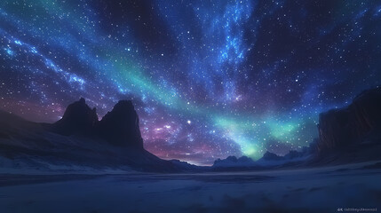 Fototapeta premium Beautiful auroras accompanied a huge and beautiful starry sky. A starry sky conceals nothing. The picture should have layers, a sense of depth, a sense of detail, high-definition.