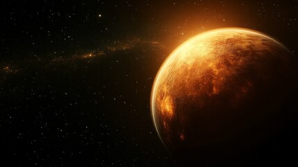 A planet with a bright orange surface is surrounded by a dark sky