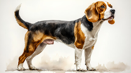 A watercolor Beagle standing with one paw raised, looking ready to explore, painted on a white background